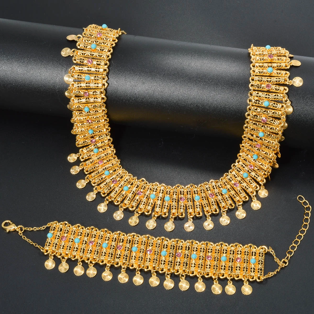 2024 New Style Zircon Gold Plated Pendant 2PCS Jewelry Sets Punk Neck Links Chains Female Hollow Bracelets Dubai Necklaces Gift