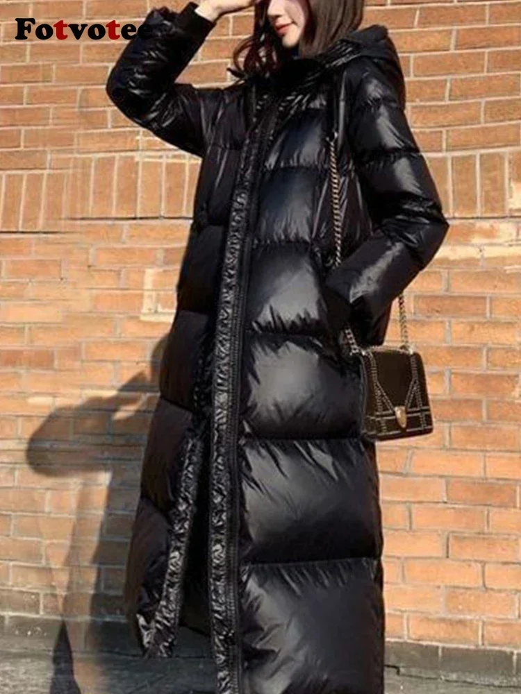 

2023 Black Streetwear Outerwear Casual Thicken Warm Elegant Coats Winter Jacket Women Parkas Hooded Long Puffer Jacket