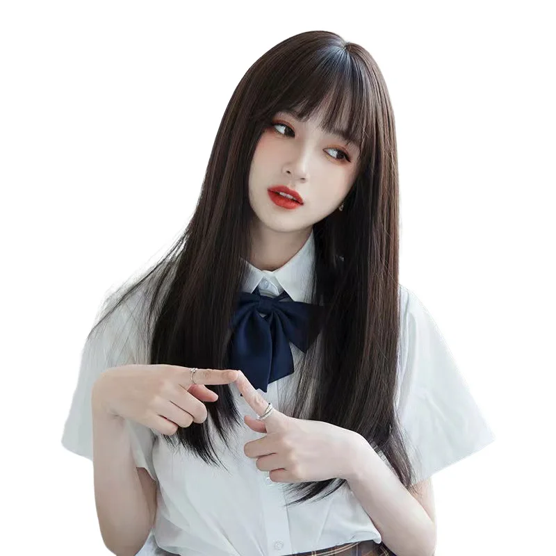 Korea Hair Extensions Synthetic Cute JK Girl Cosplay Air Bangs Wig Breathable Head Cover 50cm Long Straight Wig Hat for Women