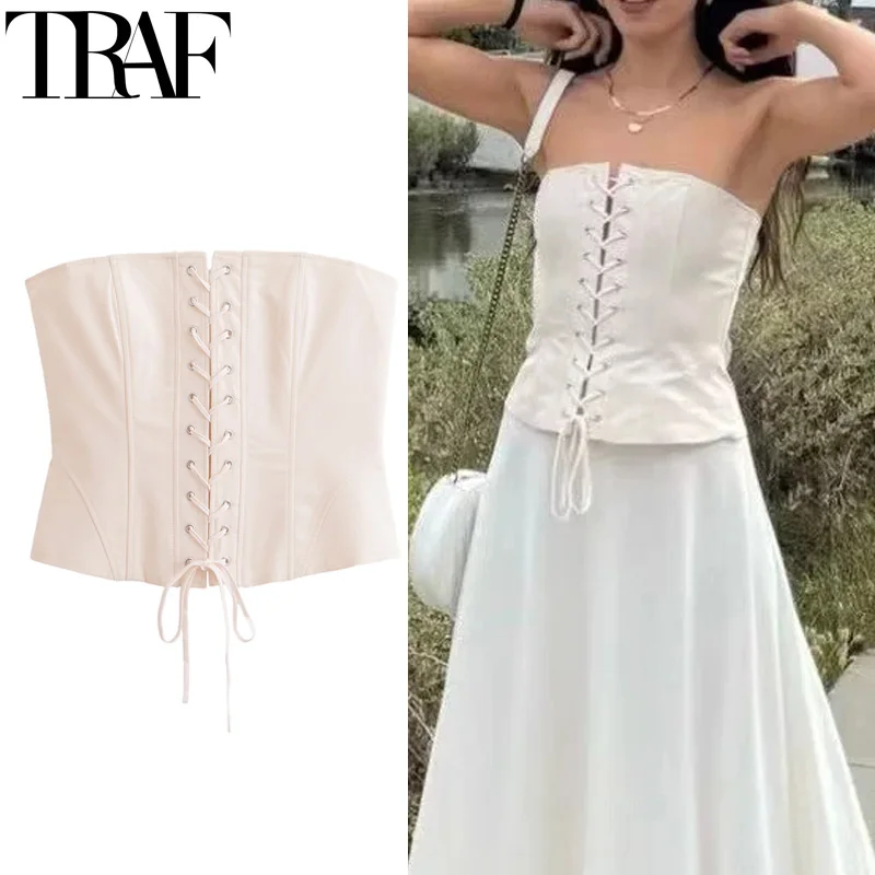 TRAF Tied Strapless Tube Top Woman Off Shoulder Corset Crop Tops Women 2024 Summer Backless Sexy Bustier Party Bandage Tank Tops