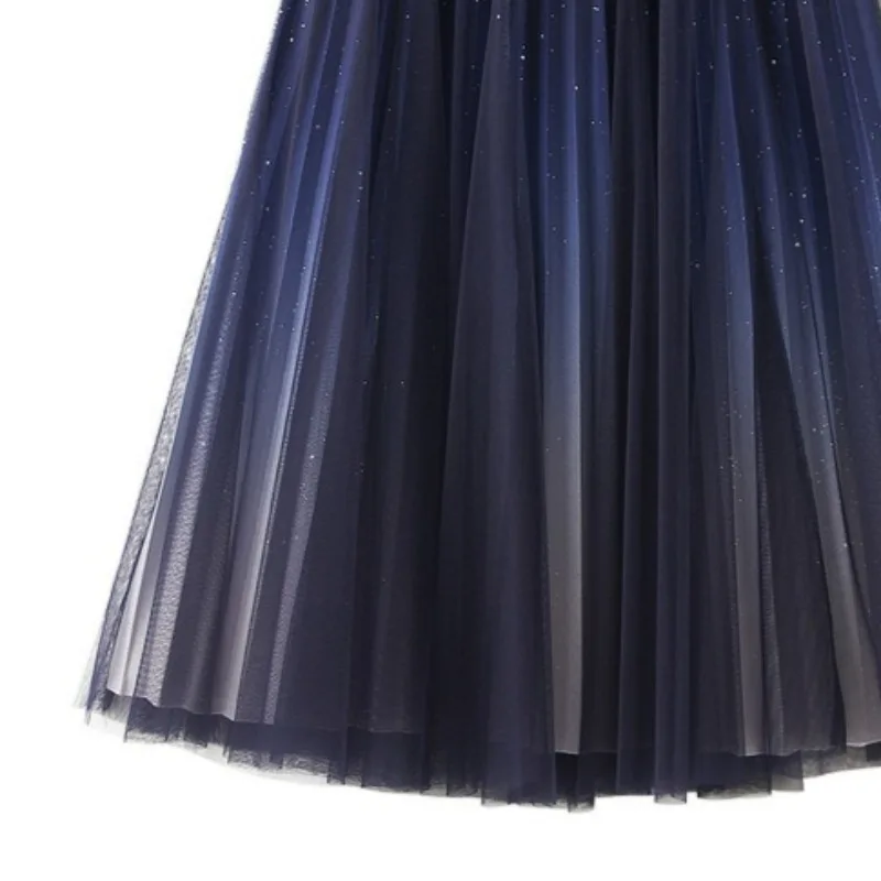 2026 جديد المرأة السماء المرصعة بالنجوم التدرج اللون شبكة تنورة تنانير طويلة الخريف الشتاء مرونة الخصر ذات الطابقين مطوي ألف خط التنانير #5