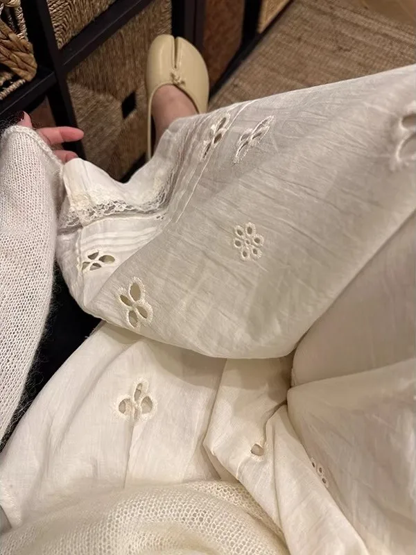 Extended Size Apricot White Lace Splicing Sembach Pants Loose Bf Lazy Style Summer Casual Wide Leg Pants Asymmetrical High Wa...