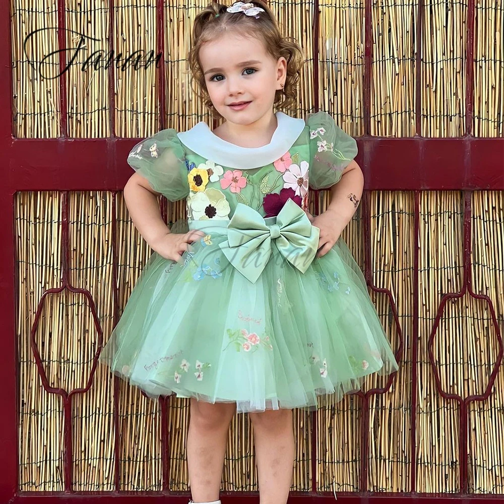 Customized Exquisite Round Neck Bow Tulle Children's Dress Lantern Sleeve A-line Flower Girl es Mini  платье для девочки