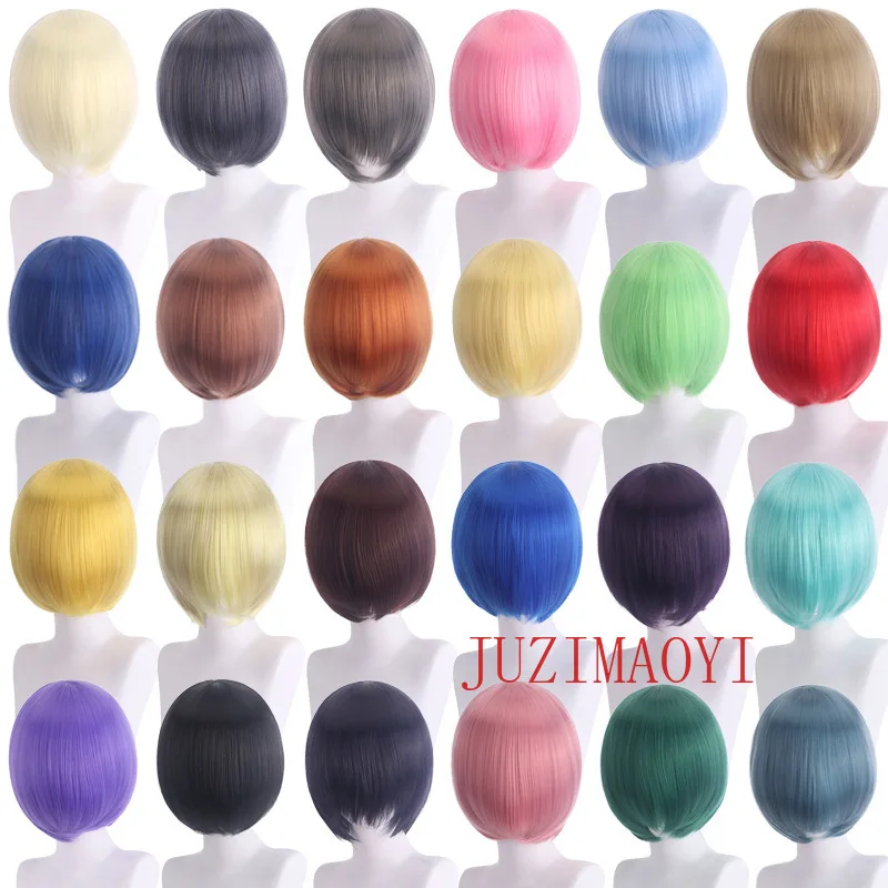 Cosplay Wig Fiber Synthetic Wig HSIU Short Bob Wig Straight Hair Golden Pink Red Blue Purple for Women Color Wig+Wig Cap