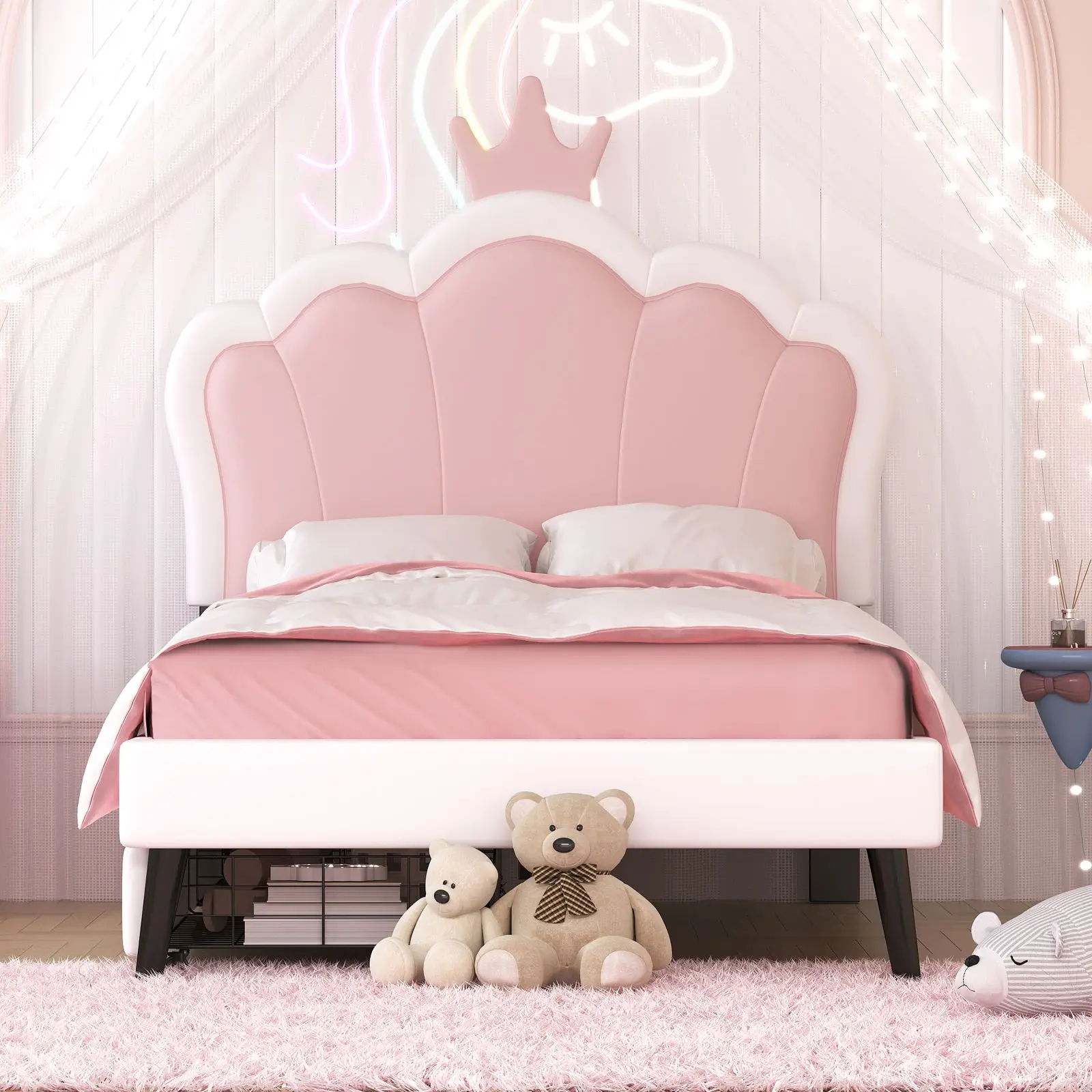 Twin Size Upholstered Princess Bed With Crown Headboard and 2 Drawers,Twin Size Platform Bed with Headboard and Footboard, Pink+