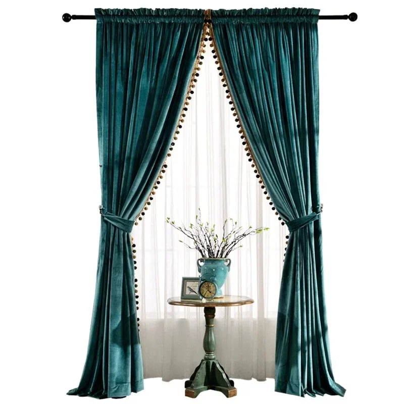 Light Luxury Plush Ball Embellishment,Velvet,Blackout Curtains for Living Room Bedroom European Style Home Decor Curtains Custom