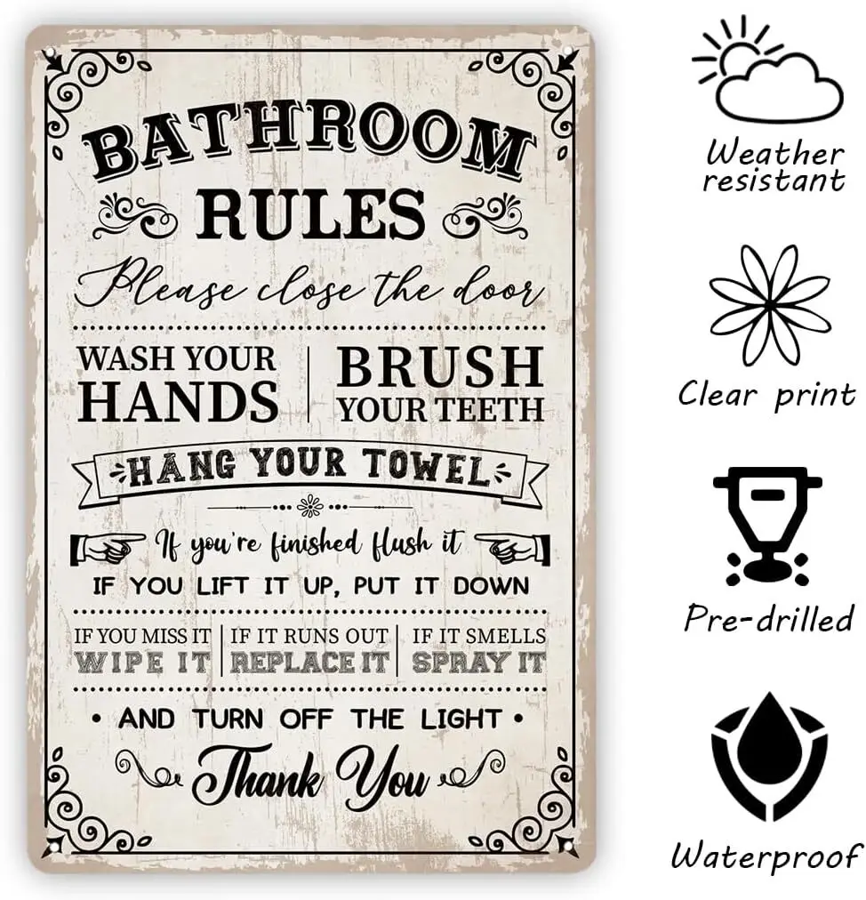 Vintage Metal Tin Signs, Funny Bathroom Rules Tin Metal Signs Restroom Metal Si