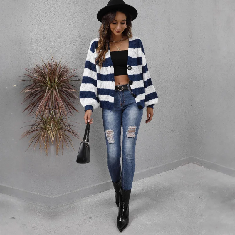 

Женский кардиган в европейском и американском стиле, осень-зима, новый вязаный свитер в полоску с цветными блоками и пуговицами в стиле пэчворк, пальто