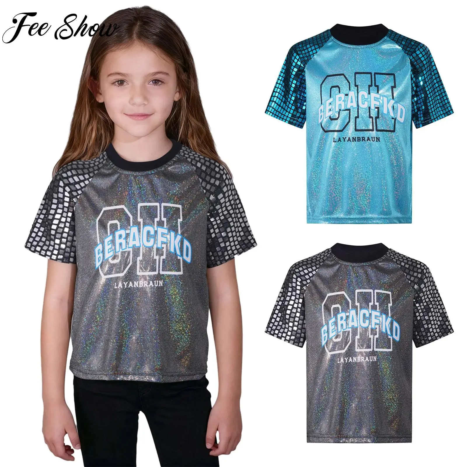 Costumes de danse Jazz Hip Hop unisexes pour enfants, vêtements de danse de spectacle pour filles et garçons, paillettes à carreaux brillants, manches courtes, haut métallique