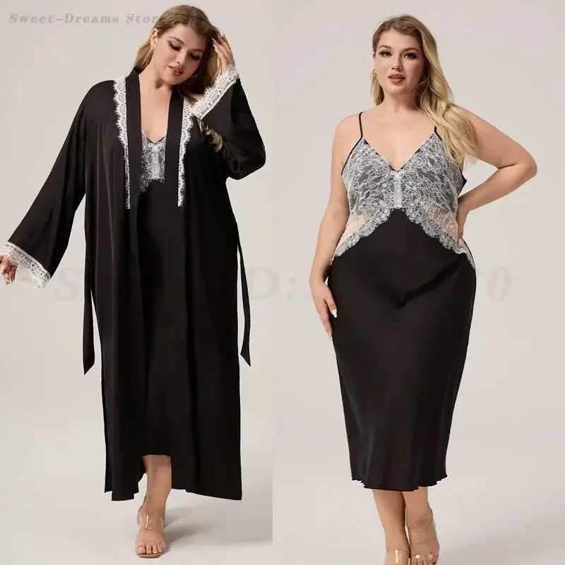 

Длинная ночная рубашка на подтяжках, комплект халатов размера плюс 5XL, ночная рубашка, сексуальная лоскутная кружевная одежда для сна, атласный шифоновый халат, кимоно, домашняя одежда