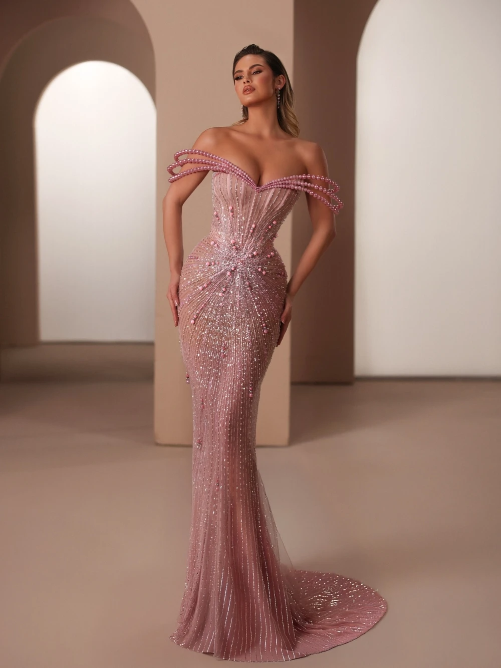 มาใหม่ลูกปัด Mermaid ชุดราตรียาวไข่มุกหรูหราภาพลวงตา Mermaid งานแต่งงานชุดที่กําหนดเอง Elegant Prom Dresses