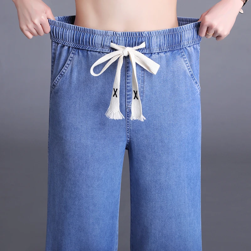 ZUZK Women Straight Style Wide Leg Jeans Summer Thin Loose Droop Elasticity  High Waist Denim Long Pants Korean Casual Pants