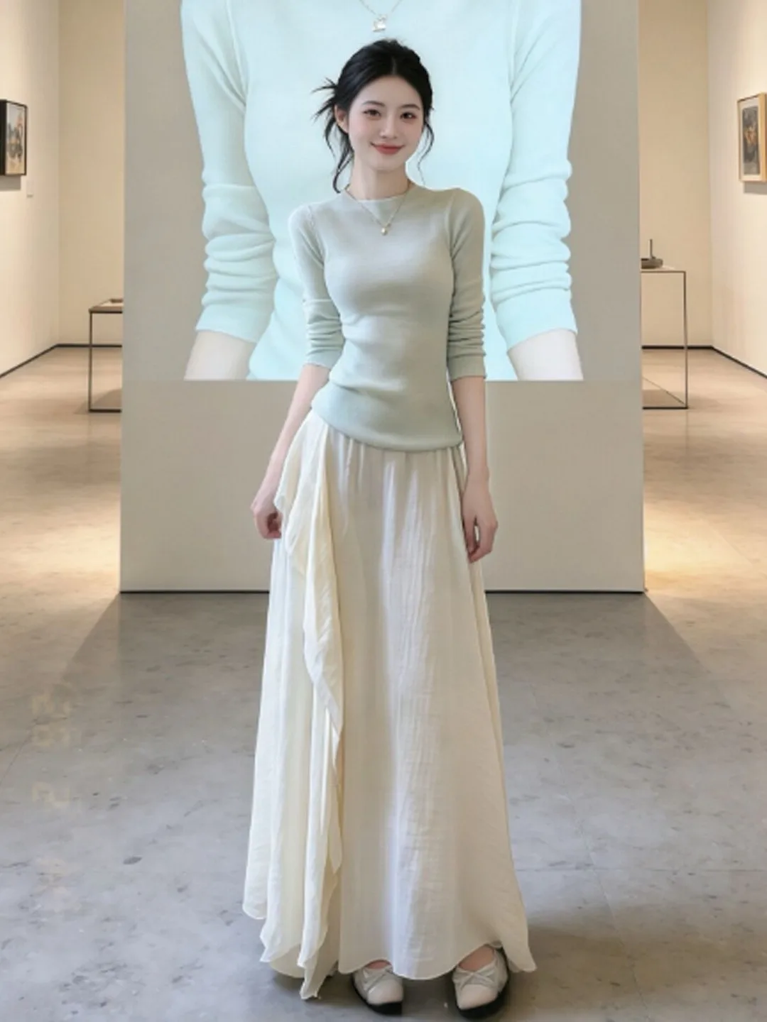 

Корейский комплект из двух предметов: юбка-полусолнце и вязаный джемпер с круглым вырезом и длинными рукавами, молодежный, весна 2026, модный, комфортный