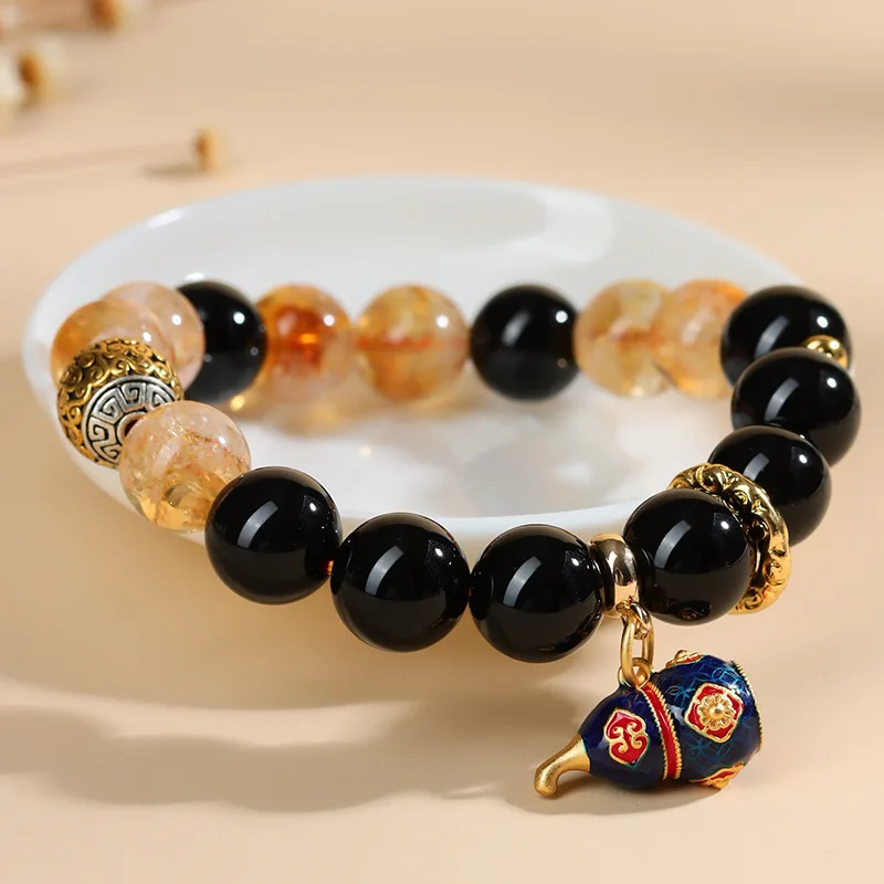 Natural crystal yellow tower crystal black agate bracelet, cloisonn é gourd, new Chinese style cultural and creative original me