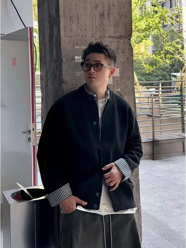 

Large Size 300 Pou Knitted Cardigan Sweater Men's Autumn Winter Trendy Brand High-End Plaid irt Jaet round Ne Fake T...