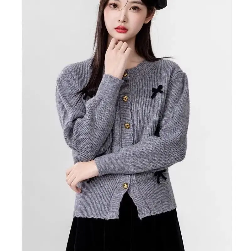 2024 Autumn New Puff Sleeve Bow Knitting Cardigan Women Clothing Fashion All-match Sweater Female Sweet Buttons O-neck Top Tee