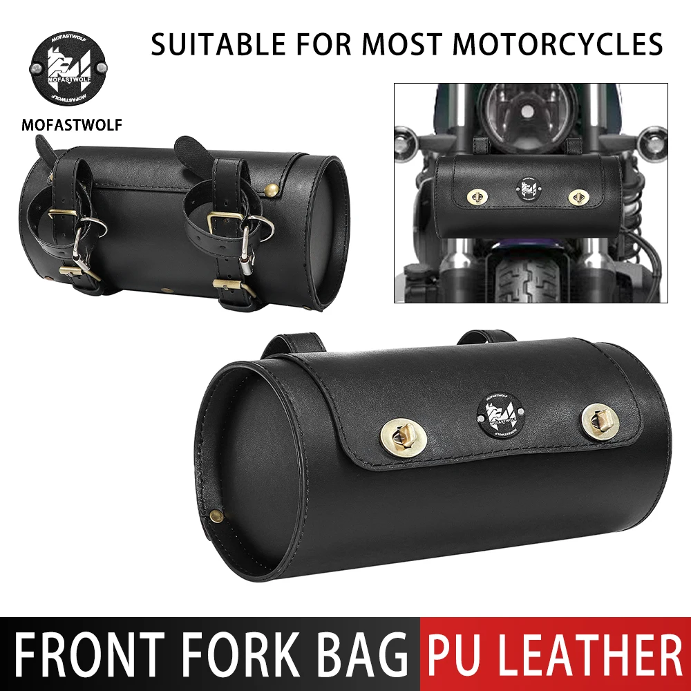 Universal Motorcycle Saddlebags PU Leather Front Fork Tail Tool Bag Luggage Custom Scooter Offroad Cafe Racer Old School Touring