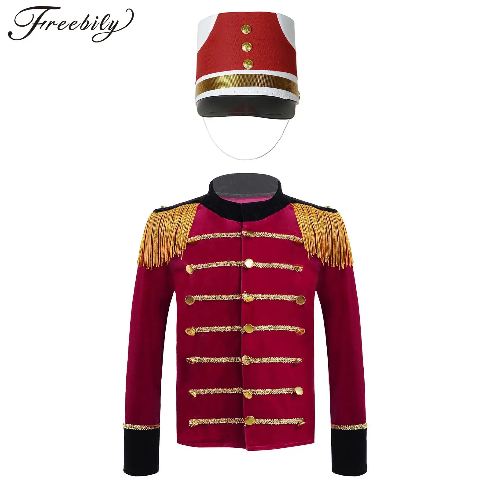 

Kids Boys Drum Trumpet Team Honor Guard Performance Outfits Long Sleeve Tassels Tops with Hat for Circus Halloween Theme Party