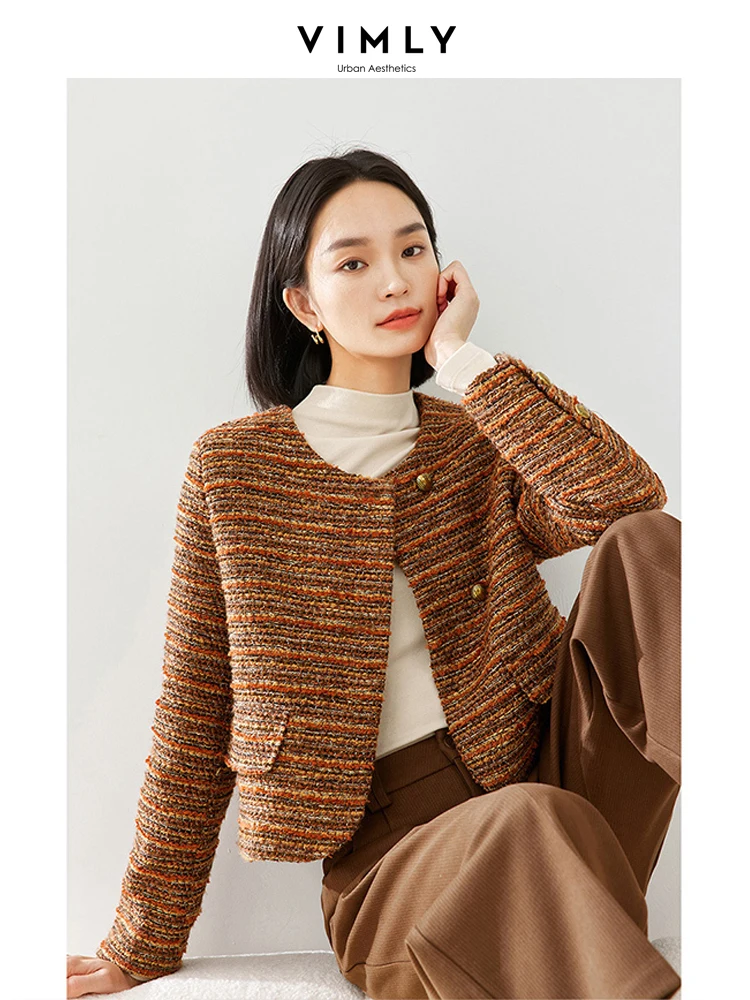 Vimly Rainbow Striped Cropped Tweed Jacket O-neck Long Sleeve Thick Quilted Coat 2023 New Wool Blend Winter Outerwears M5287