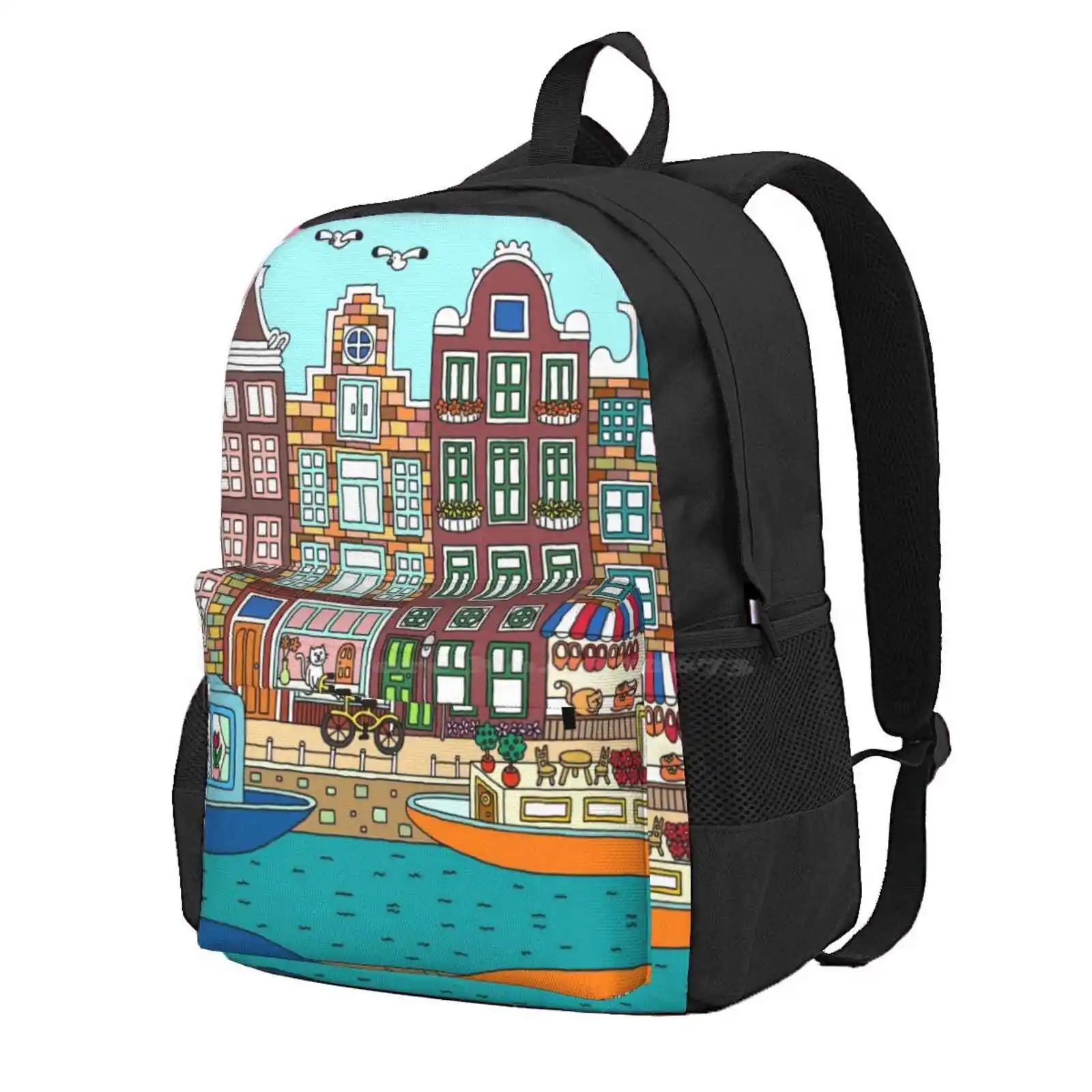 Amsterdam Hot Sale Schoolbag Backpack Fashion Bags City Town Cute Beautiful Colorful Travel Flowers Architecture Graphic Design