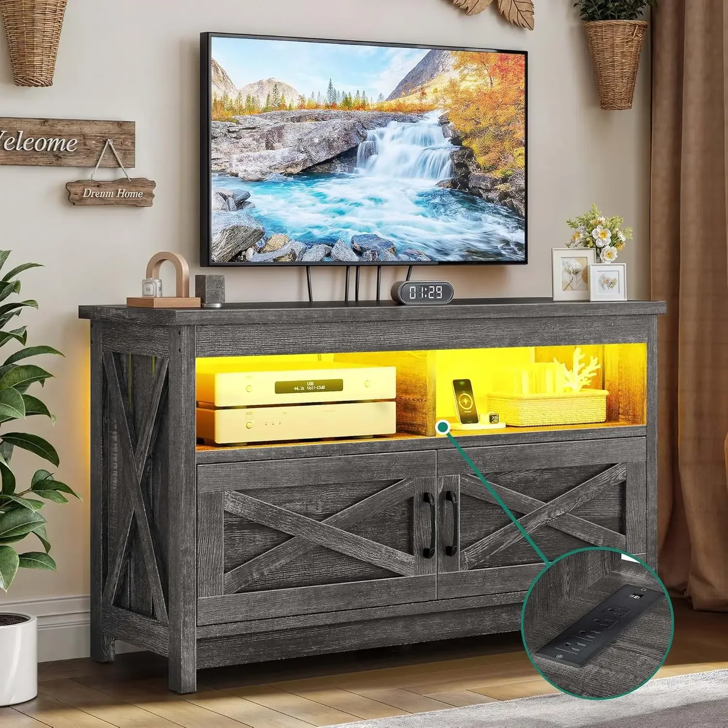 YITAHOME Farmhouse TV Stand with LED Light and Power Outlet, TV Media Console for up to 40 Inch TV, Rustic Entertainment Center