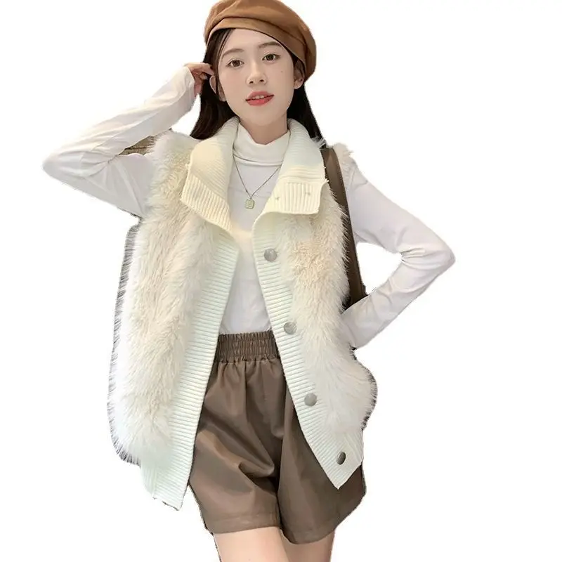 Sweater Mink Fleece Sleeveless Standing Collar Knitted Women Coat Autumn and Winter New Loose Style Elegant Cardigan