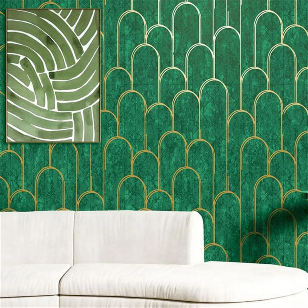 3D Green Geometric Wallpaper Roll Gold Arc Line Luxury Wall Paper Home Decor Wallpaper for Bedroom Living Room Walls