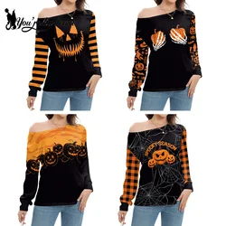 [You're My Secret] Halloween Party Women Slant Shoulder Long-sleeved Skeleton Printing Round Neck Pullover Sweatshirt Streetwear