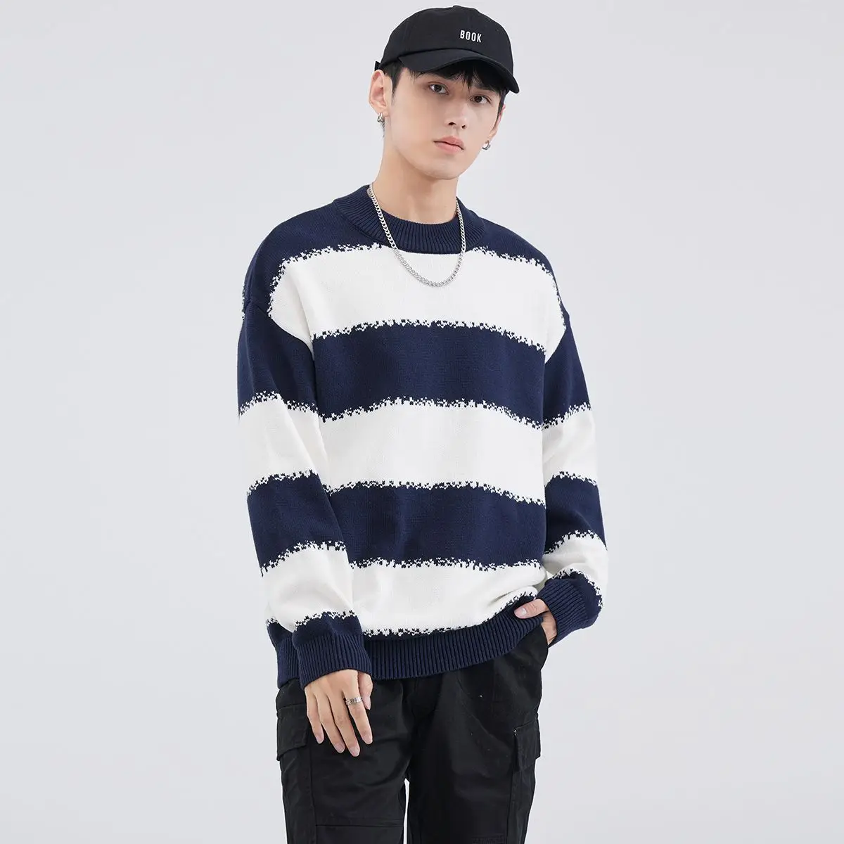 

Мужской свитер HomePanda оверсайз в полоску, с круглым вырезом, из мягкого полиэстера, с длинными рукавами, осенне-зимний, повседневный, модный бренд