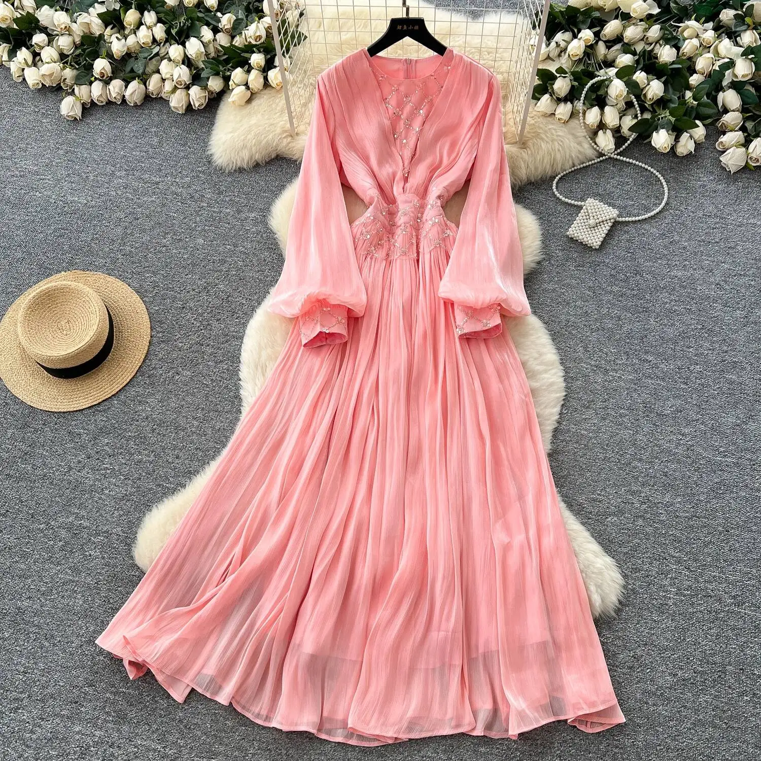 Chique vintage O-hals met lange mouwen Elegante Fee Koreaanse mode Boho Zonnejurk Strand dameskleding