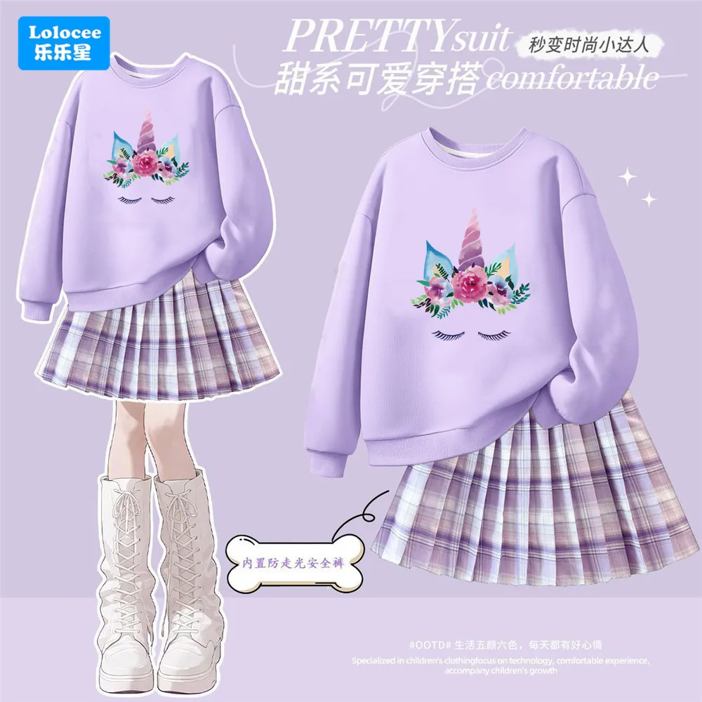 Girls 2-Piece Outfit Unicorn Floral Print Long Sleeve Sweatshirt + Plaid Pleated Skirt Sweet Cute Casual Daily Wear Set DJSMY1