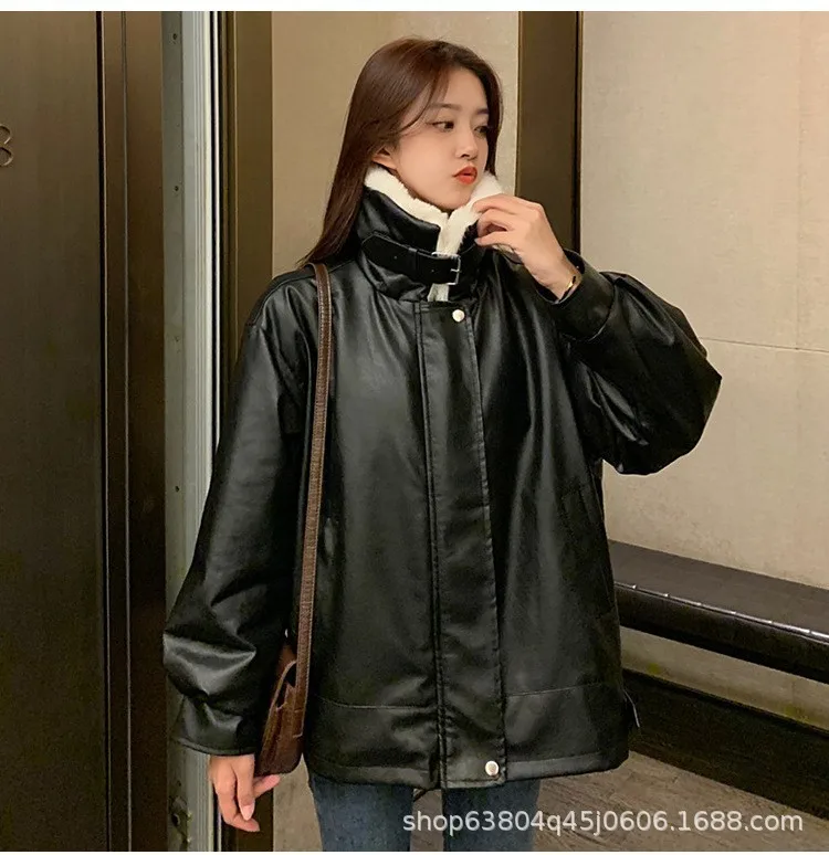 여성 PU 가죽 코트 캐주얼 숏 재킷 시어링 퍼 칼라 긴팔 지퍼 루즈핏 코트 스트릿웨어 2025 가을 겨울