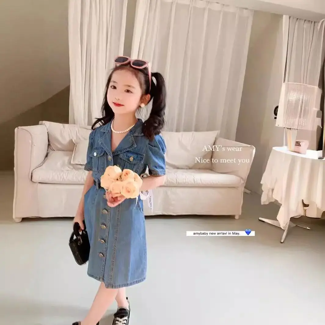 

Girls' Summer New Vintage Short Sleeve Denim Dress Children's Thin Princess Dress for Kids 90-140cm