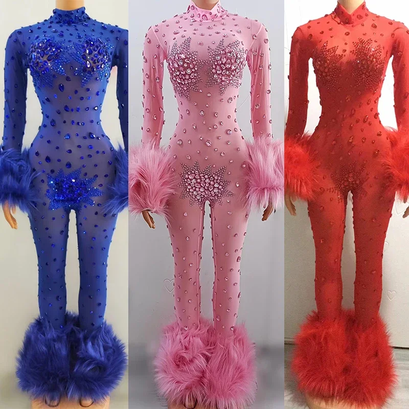 

Nightclub Bar Gogo Dance Clothing Multi Colors Stretch Bodysuit Drag Queen Costume Singer Rhinestones Jumpsuit