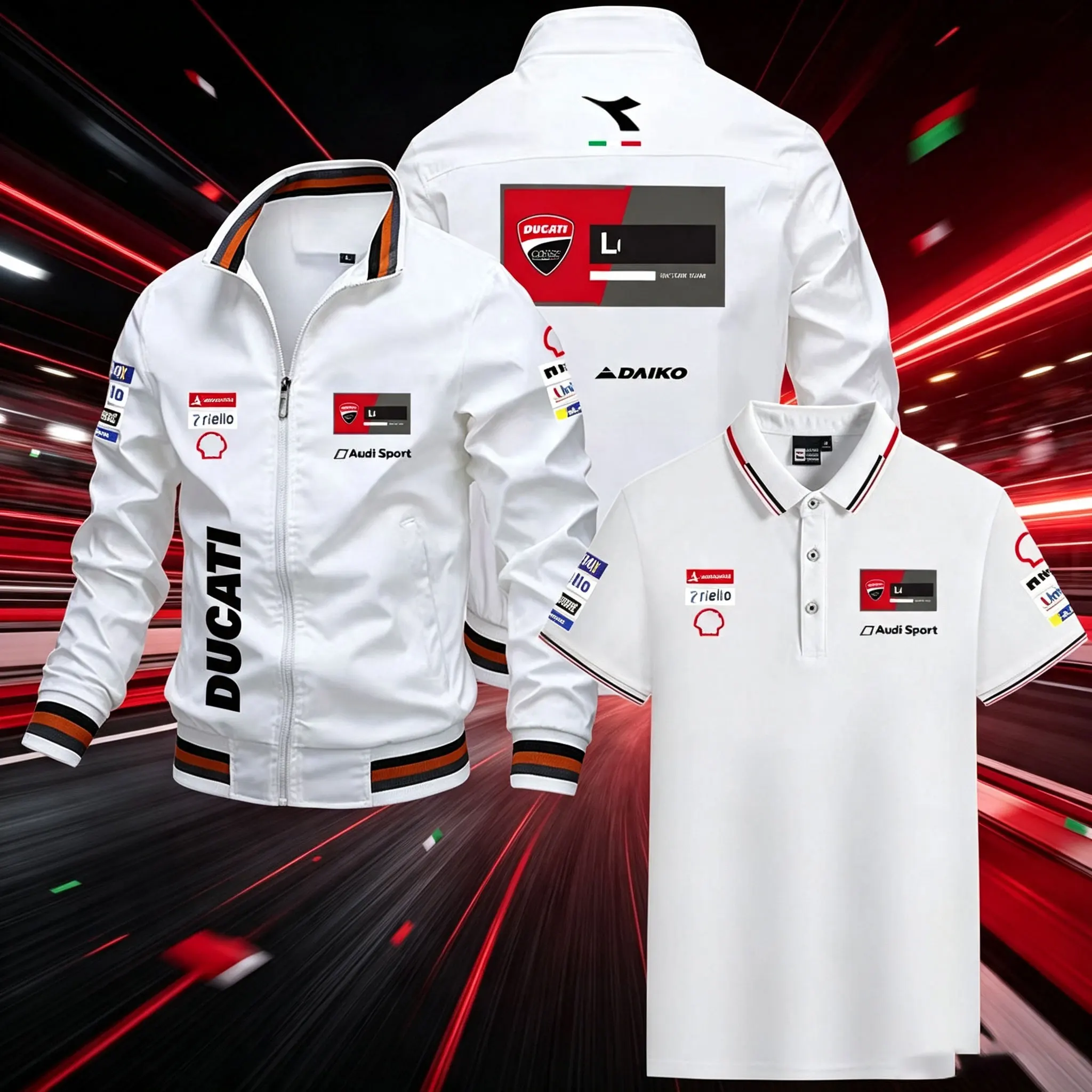 Image of 2026 Ducati Corse Moto GP Rennjacke Herren Motorrad-Windbreaker Lässiger Reißverschluss-Mantel + Kurzarm-Poloshirt Motorrad-Fan-Bekleidung