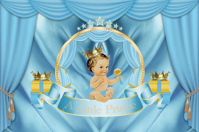 Blue Royal Prince Birthday Party Background for Photography Curtain Gold Crown Boy Supplies Poster Backdrop Photo Studio Shoot