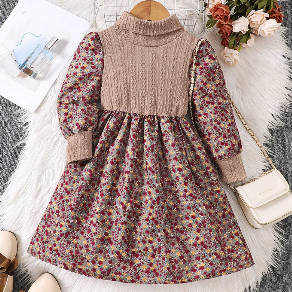 Autumn and Winter Girls' New Knitted Patchwork Floral Lapel Long Sleeved Fashionable Party and Runway Dress for 4 5 6 7 Years