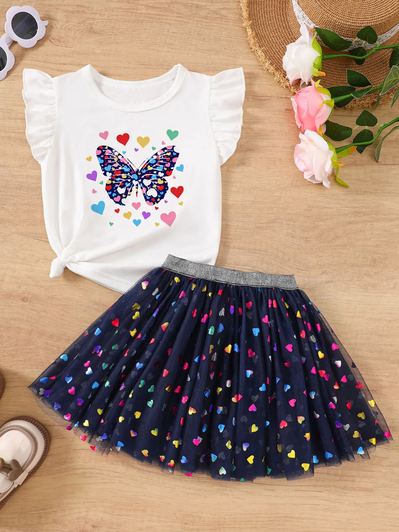 Summer Girls' Clothing Sets Butterfly Print Short-Sleeved Tops Colorful Hearts Tutu Skirt 2Pcs Outfits 1-6 Y Toddlers Girl Gift