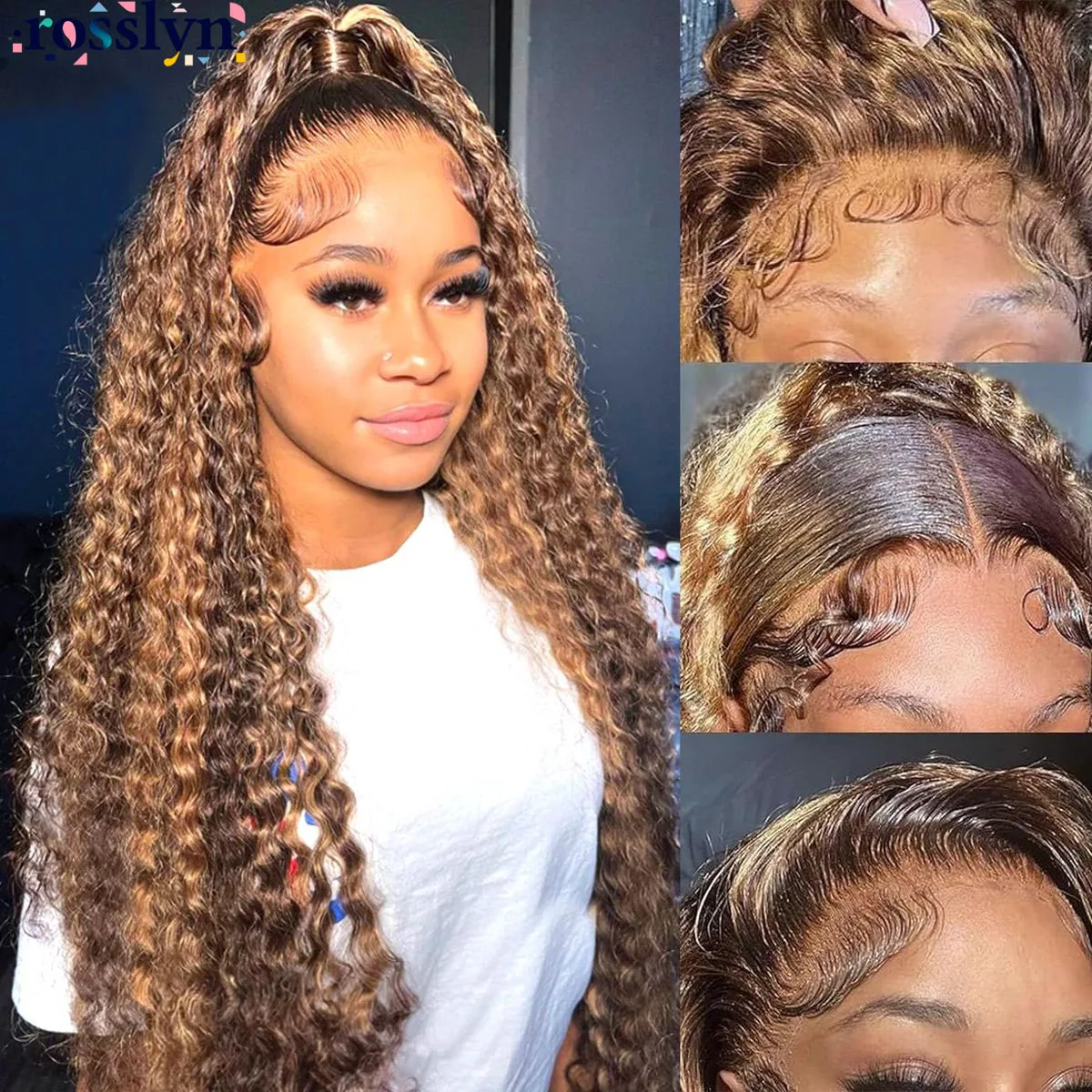

Rosslyn вьющийся парик из человеческих волос Water Wave 1b P4/27 Highlight ombre Deep Wave Frontal Wig 360 Lace Front Invisible Strap