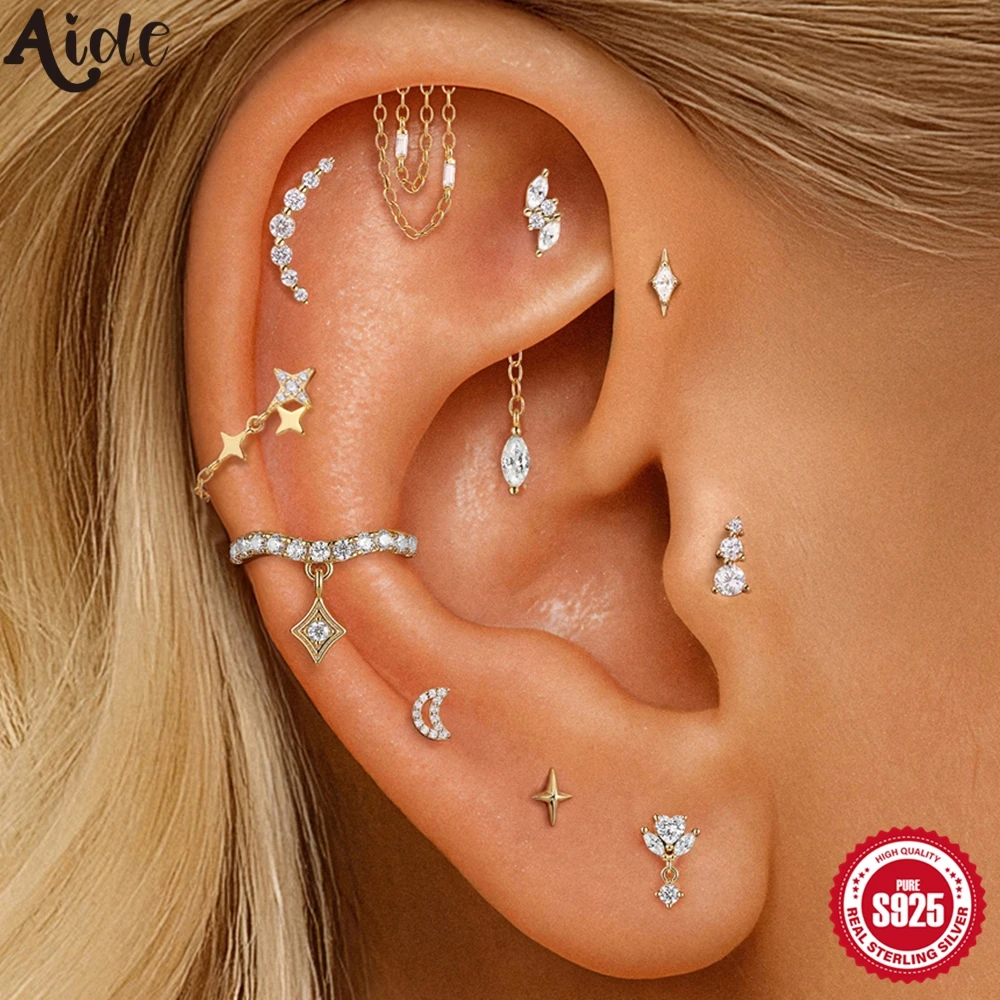 Aide 925 Sterling Silver Mini Star Moon Zircon Flat Head Piercing Ear Bone Nails Chain Flower Stud Earrings Women Ins Earring