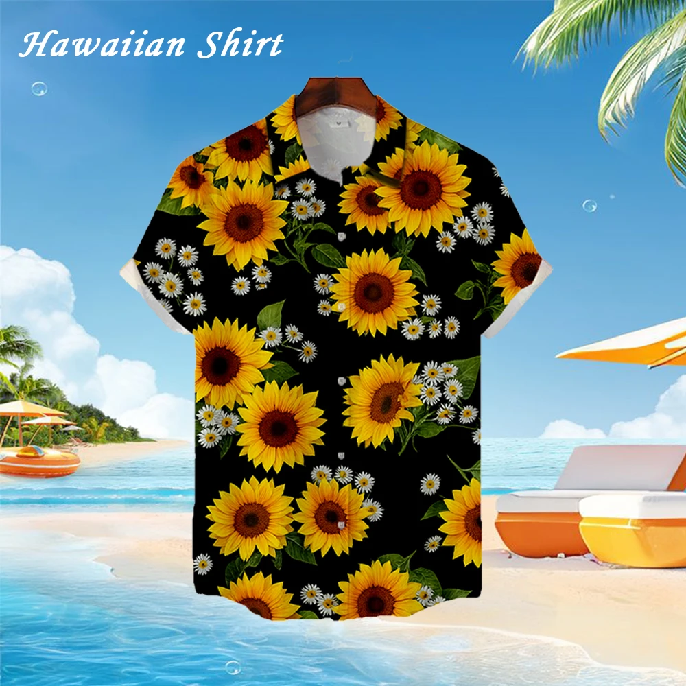 

Sunflower Printed Hawaiian Shirt Party Casual Fashion Harajuku Oversized Tops Unisex Summer Lapel Button Short Sleeve Blouse