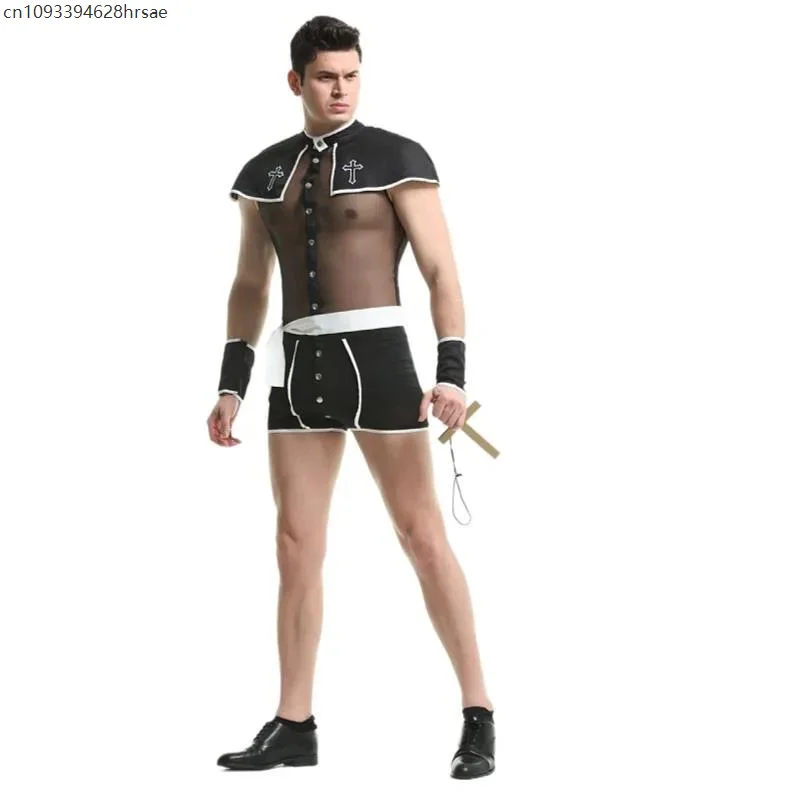 남성 섹시 메쉬 사제 코스프레 유니폼 세트 게이 바 역할극 목사 부활절 카니발 할로윈 공연 댄스 의상