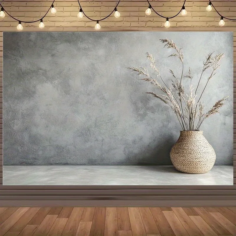 1 Stück 2D-Hintergrundtafel mit minimalistischem grau strukturiertem Thema, mit Vasen und Trockenpflanzen, Requisiten-Party-Dekorationshintergrund