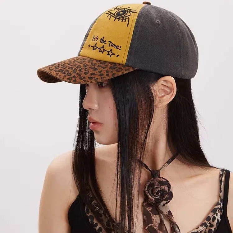Y2K Leopard Baseball Cap Women Washed Cotton Color Block Snapback Hat Cyber Grunge Streetwear Embroidery Star Sun Hat Gorras