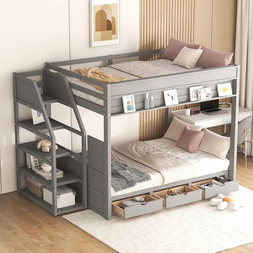 

Full-Size Bunk Bed with Storage Stairs, 3 Drawers, Convertible Daybed Option, Solid Wood, Space-Saving Kids Bedroom Furniture in