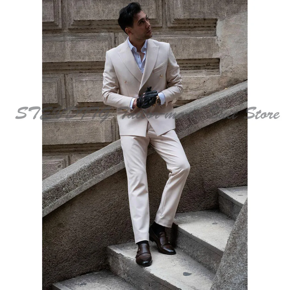 

Grey Men's Suit 2 Pieces Jacket Pants Peak Lapel High Quality Banquet Double Breasted Slim Custome Prom Party Male Clothing