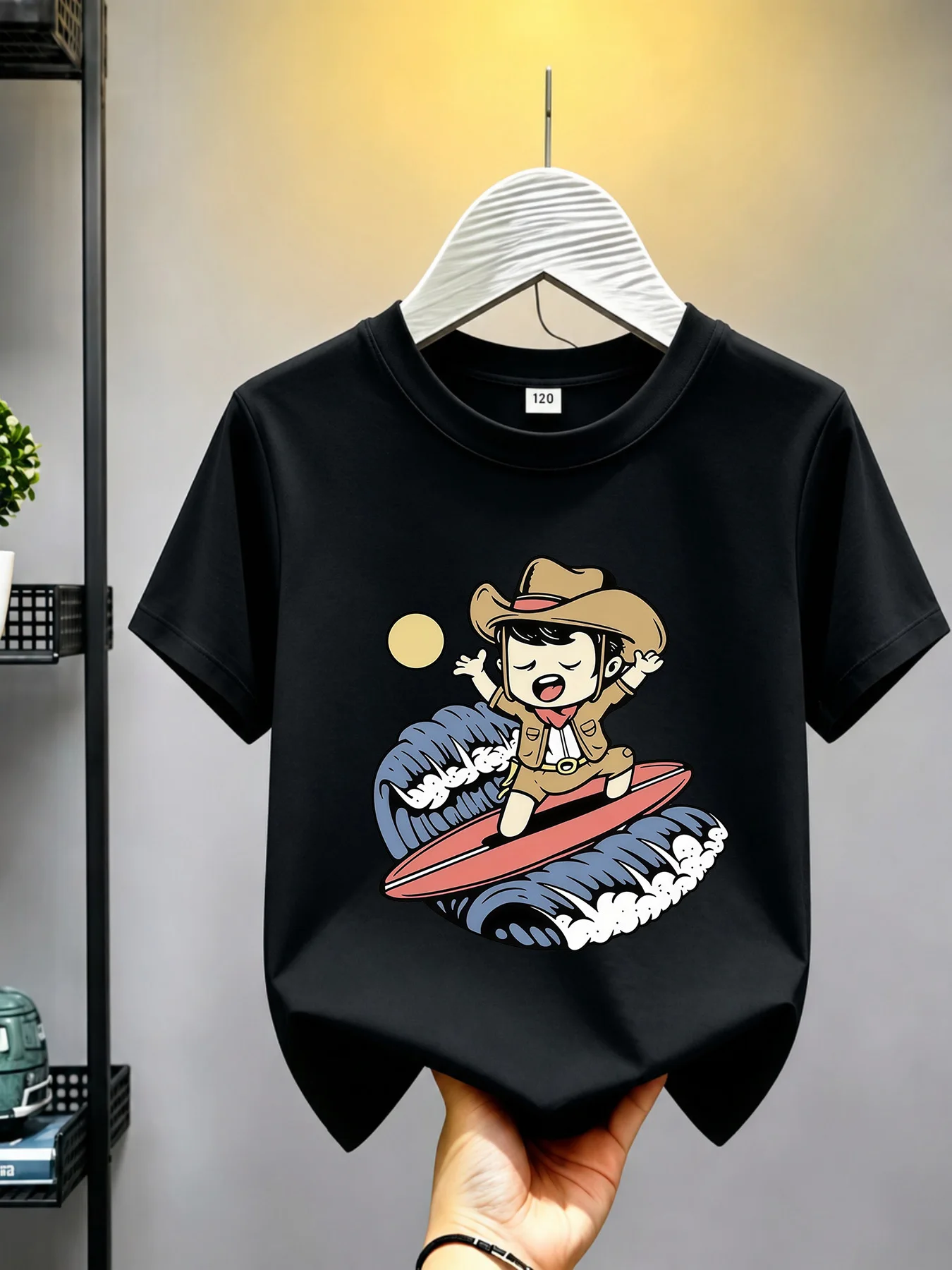 Cartoon Cowboy Surfing Wave Sun Summer Print Family Matching Cotton Tees Short Sleeve Tops For Mom Dad Boys Girls Daily Wear