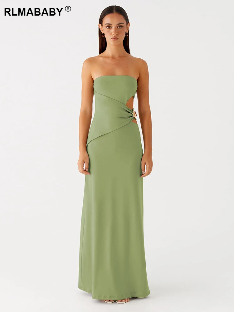 RLMABABY Schlankes trägerloses Taillenausschnitt-Kleid Langes Kleid Sommer Frauen rückenfreies Hot Girl Club Party Sexy figurbetontes Maxikleid