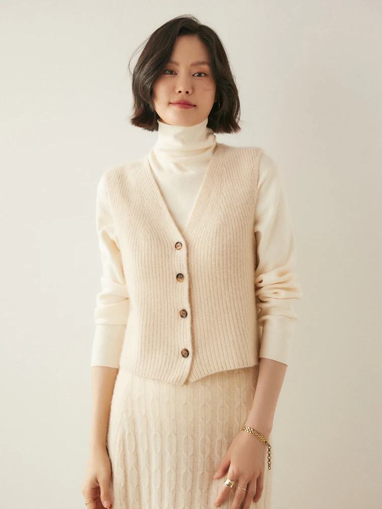 

New Women's 100% Cashmere Cardigan Vest Autumn Winter V-neck Sleeveless Retro Single Breasted Versatile Knitwear Basic Waistcoat