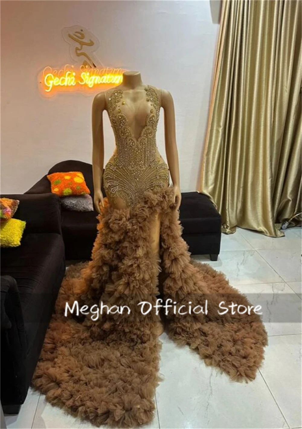 

Brown Luxury Long Prom Dresses Beading Diamonds Crystal Senior Birthday Party Gown 2026 Ruffles Tiered Robe Customized